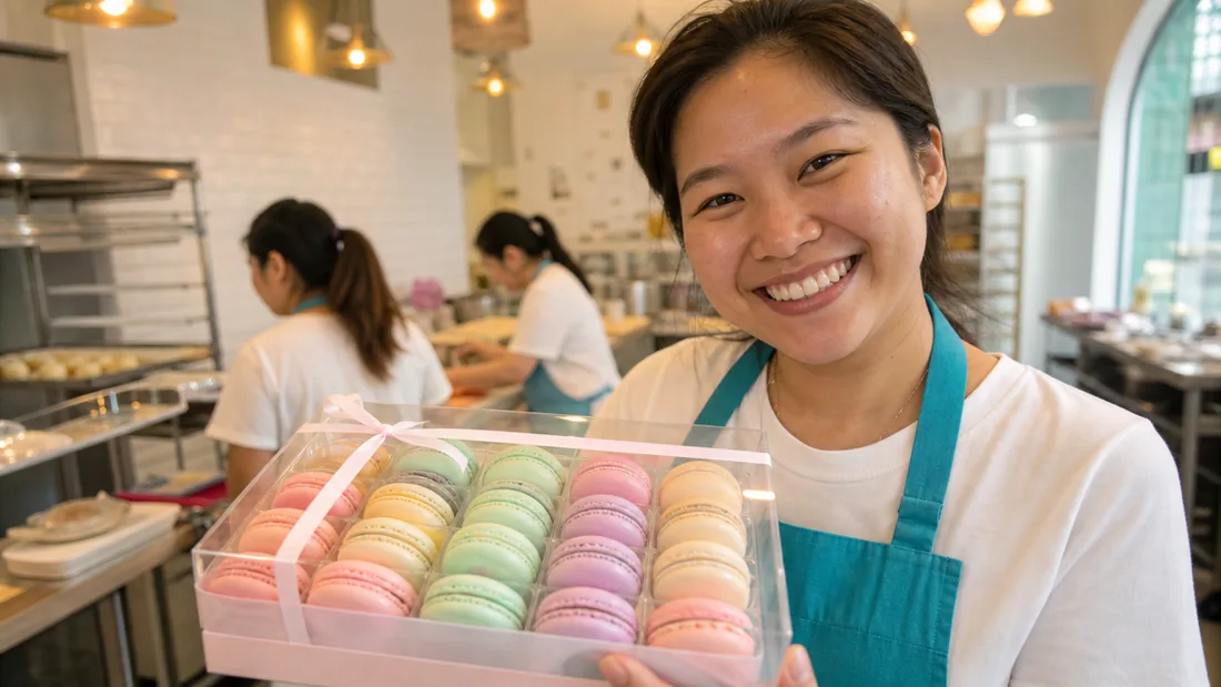 A box of pastel French macarons made during a workshop, ready to take home