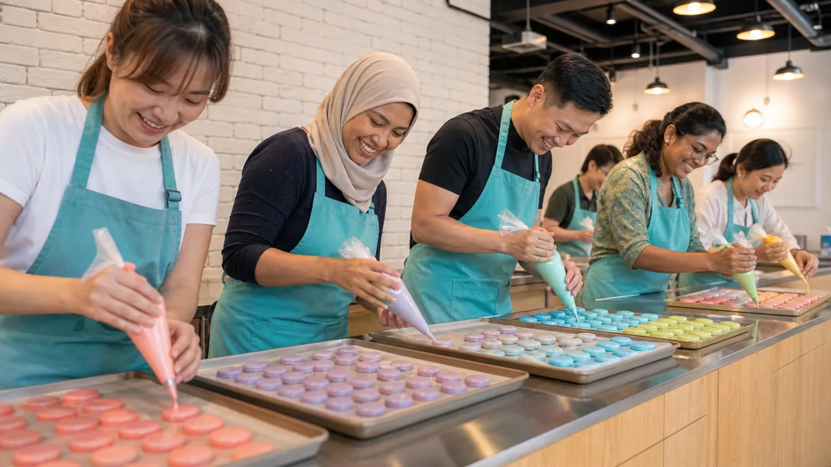 Trays of colourful French macarons being piped at a macaron class in Singapore