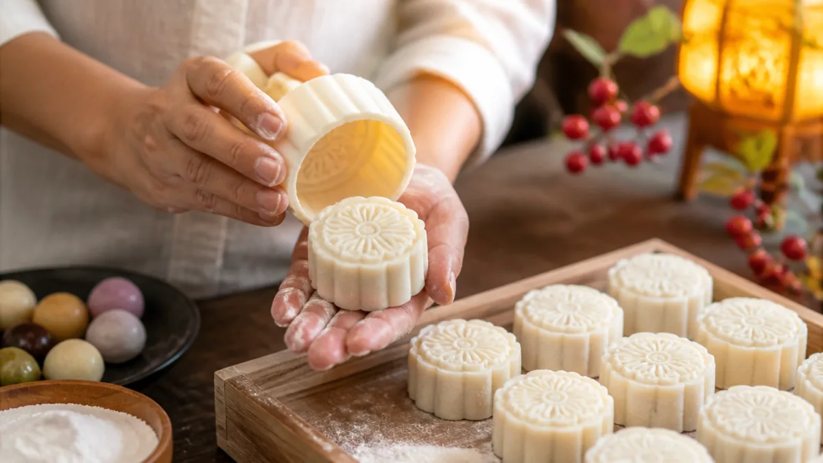 Hands pressing a mooncake in a mould at a workshop in Singapore