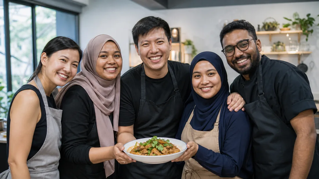 A diverse team including Muslim participants posing proudly with the dish they cooked at a Singapore team building session