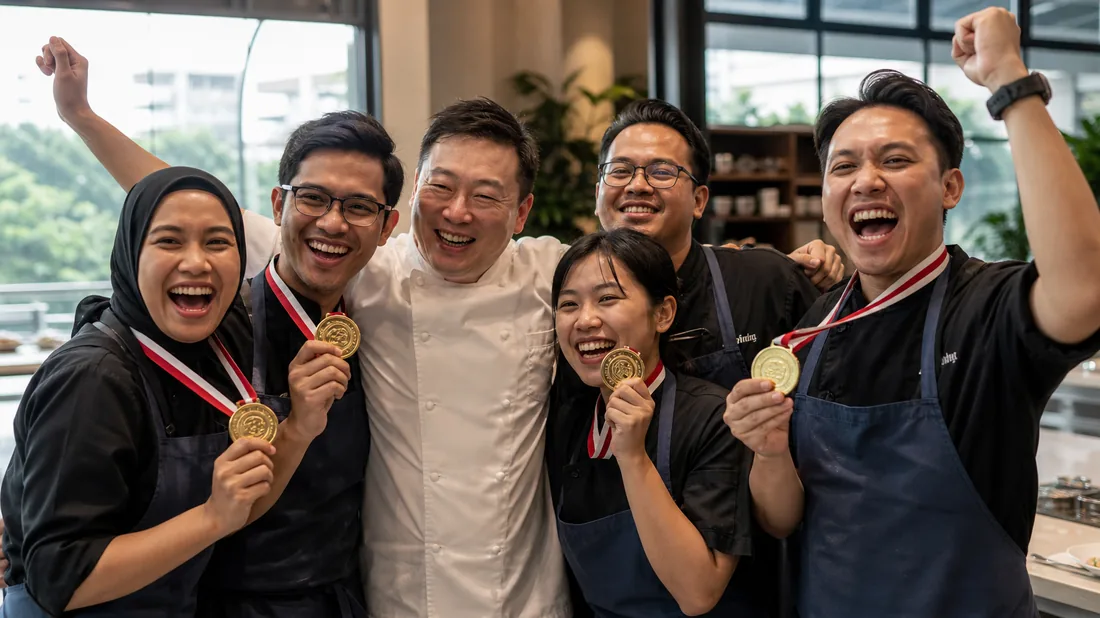 A winning team celebrating with the chef and their medals at a cooking team building challenge in Singapore