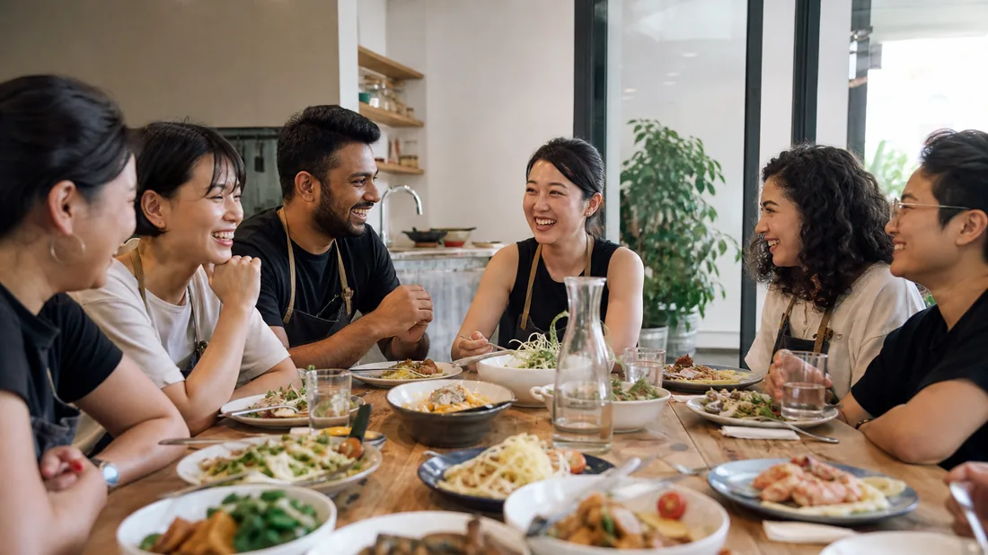 A team sharing the meal they cooked together at the dining area of a Singapore cooking studio
