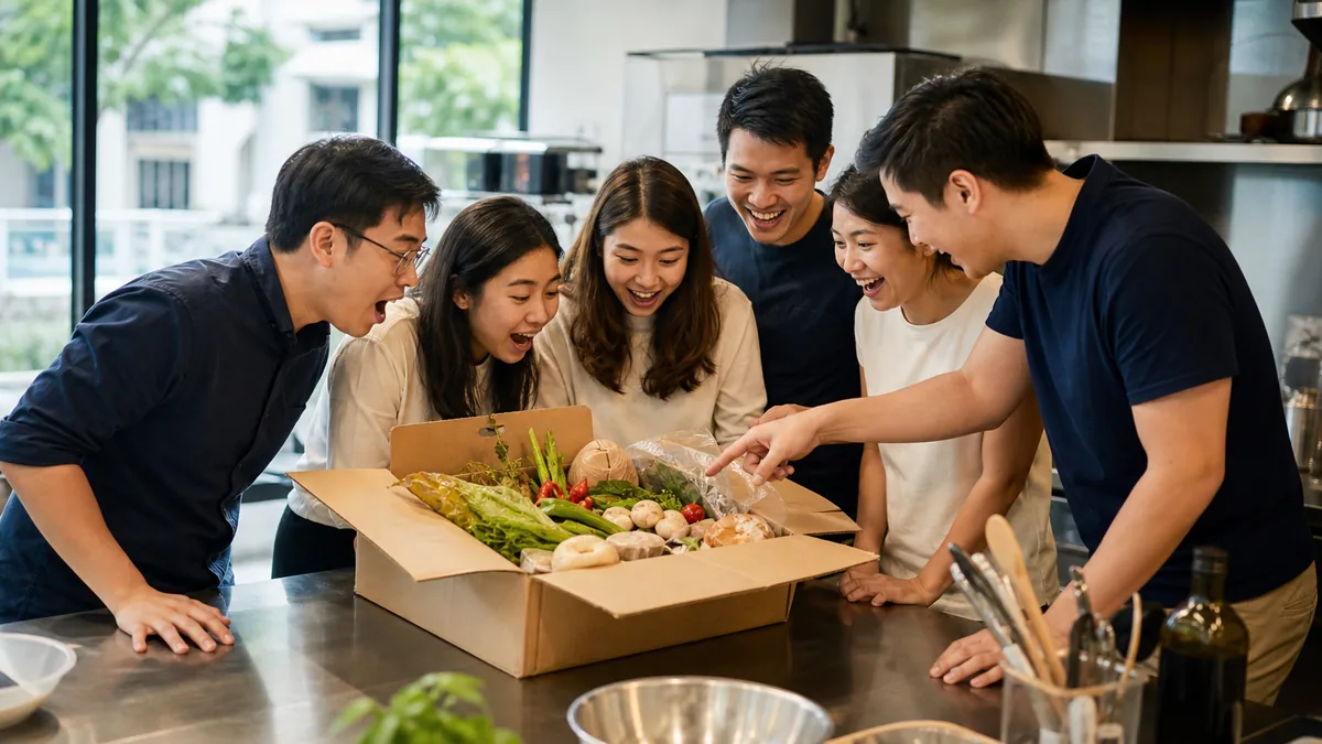 A team gathered around a just-opened mystery box of surprise ingredients at a cooking team building session in Singapore