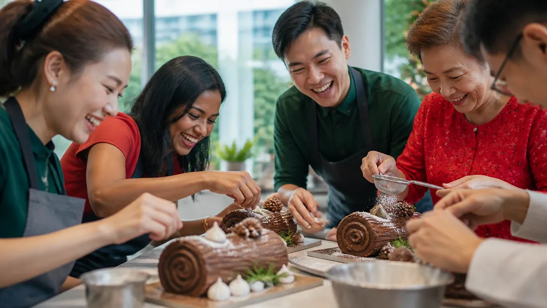 A group decorating Christmas log cakes together at a festive baking class in Singapore