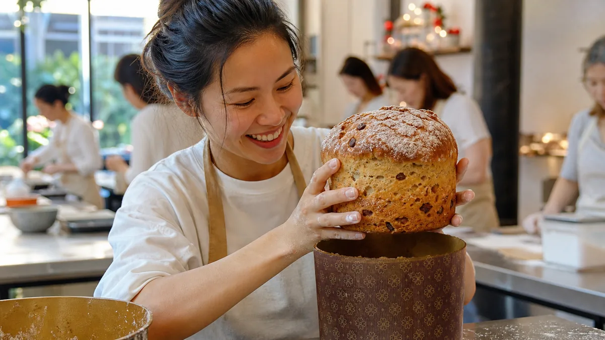 Freshly baked panettone dusted with sugar at a Christmas baking class in Singapore