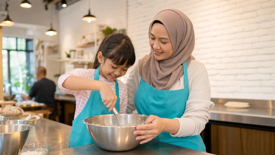 A parent and young child mixing ingredients side by side at a family cooking class