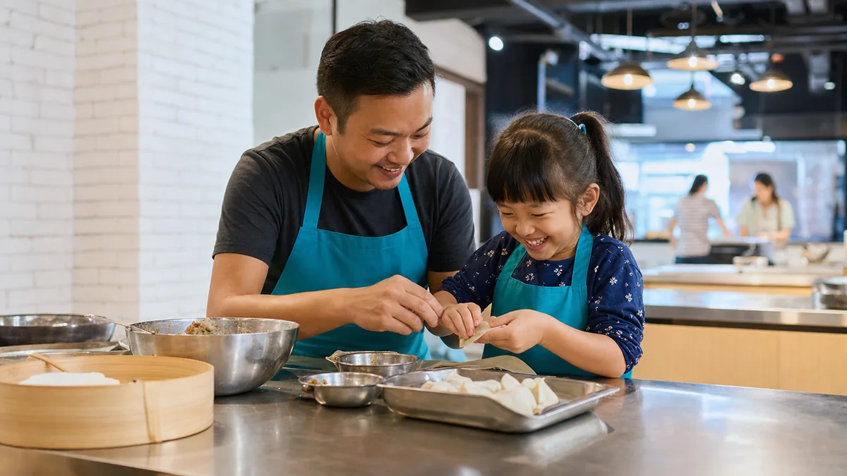A parent and child cooking together at a hands-on family cooking class in Singapore