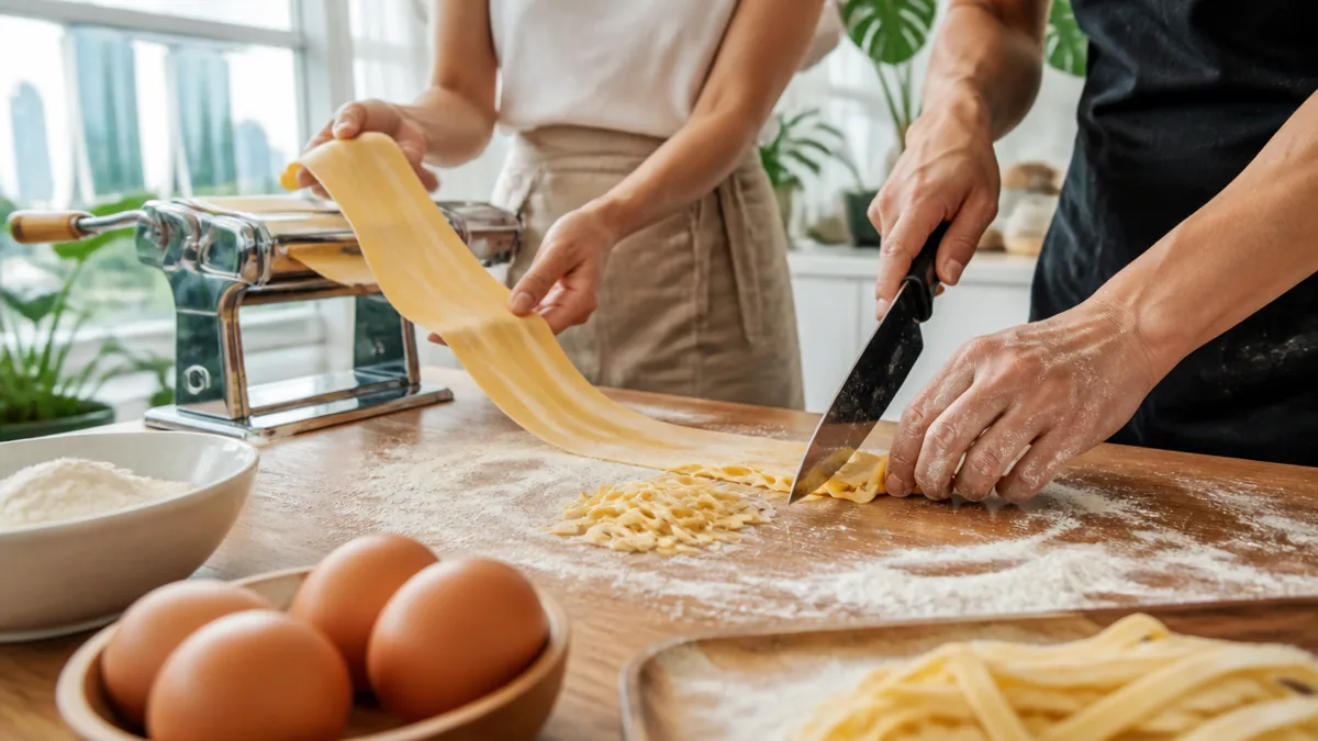 Fresh pasta being rolled and cut at a pasta making workshop in Singapore