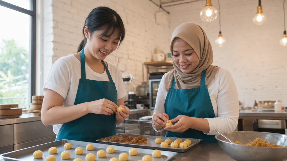 A pair of bakers shaping pineapple tart dough by hand at a Singapore baking class