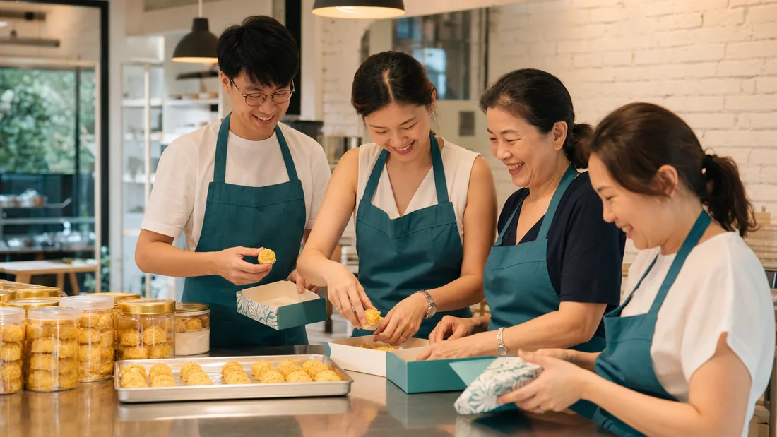 A group boxing up their freshly baked pineapple tarts to take home after a festive class