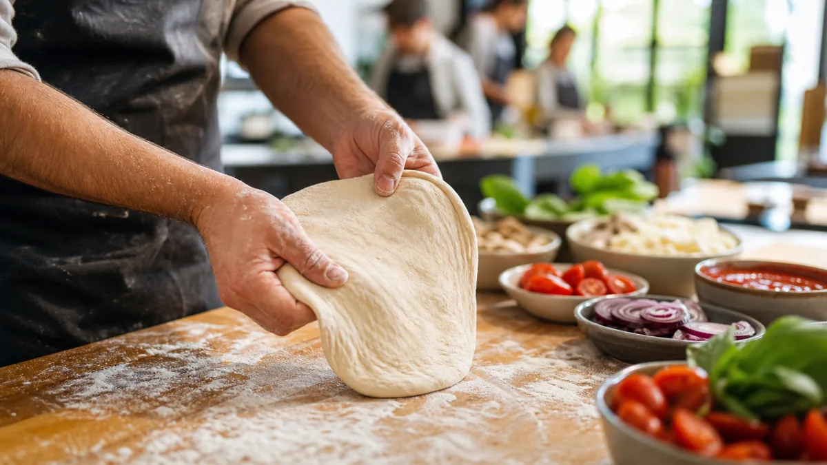 Hands stretching fresh pizza dough at a pizza making class in Singapore