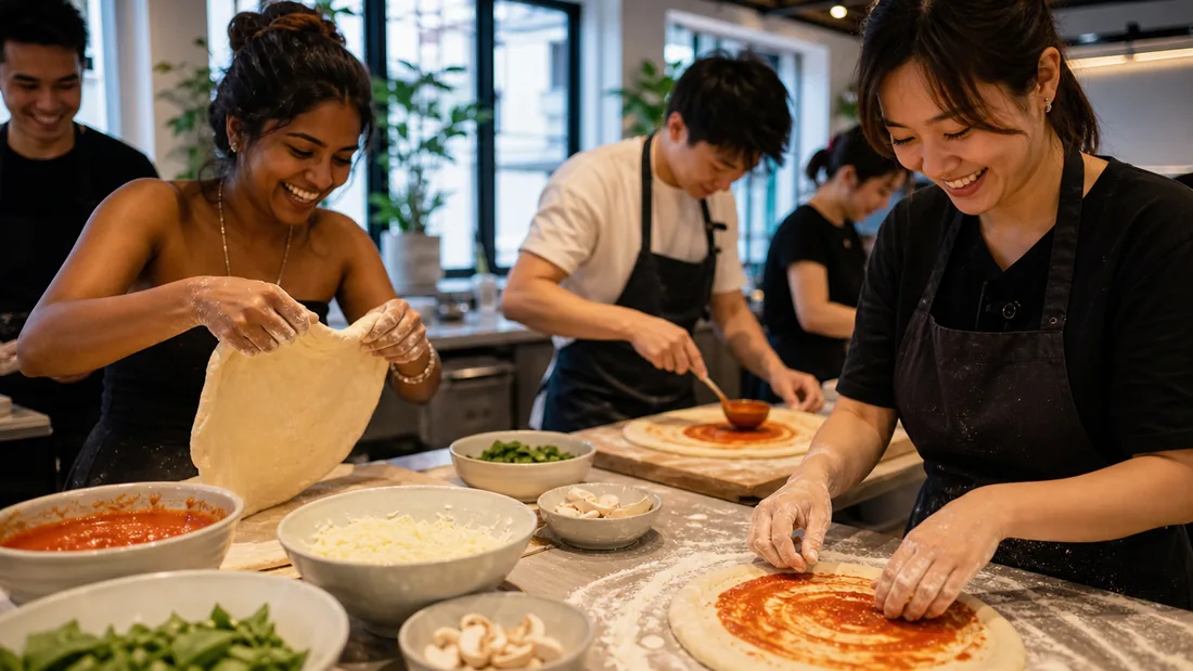 Friends shaping pizza dough and adding fresh toppings at their own stations in a bright Singapore studio