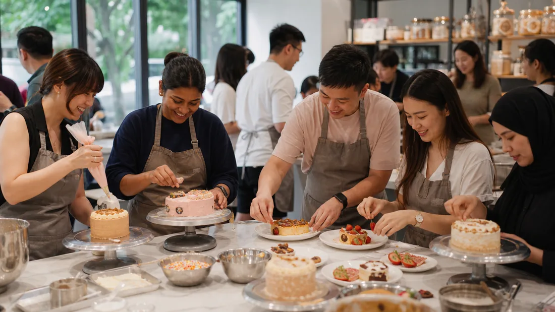 A group decorating cakes and plating their own dishes together at a birthday celebration in a Singapore studio