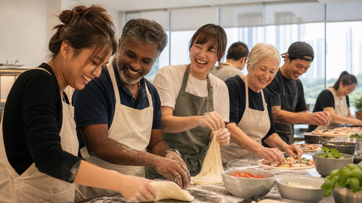 Friends stretching pizza dough and adding toppings together at a bright Singapore studio