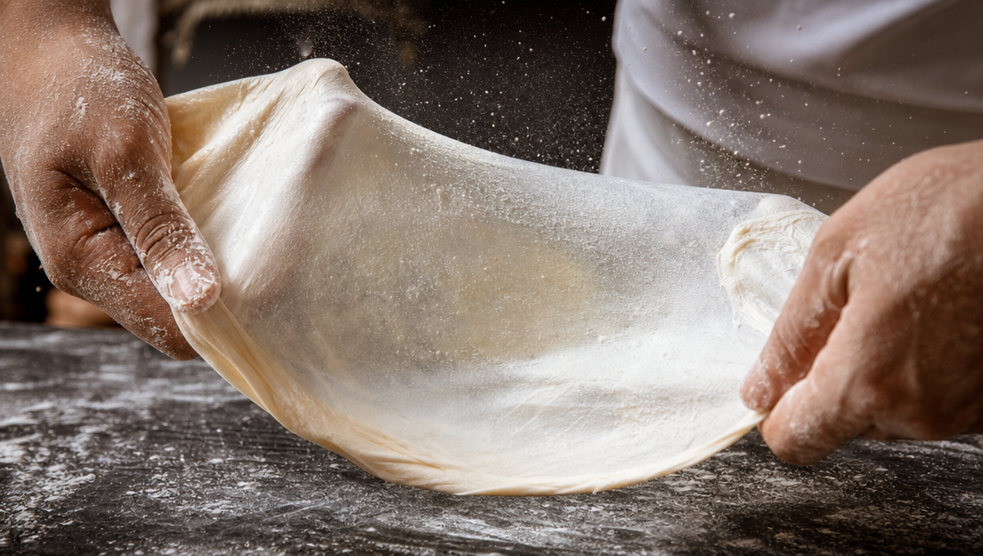 Hands slapping and stretching prata dough thin across a floured counter at a Singapore cooking studio