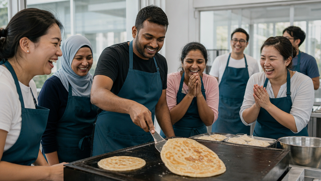A team laughing together as they cook their own roti prata on a griddle at a Singapore studio