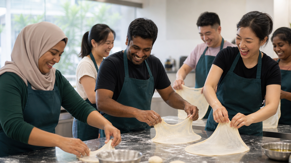 Participants stretching and flipping roti prata dough at a hands-on workshop in a bright Singapore studio