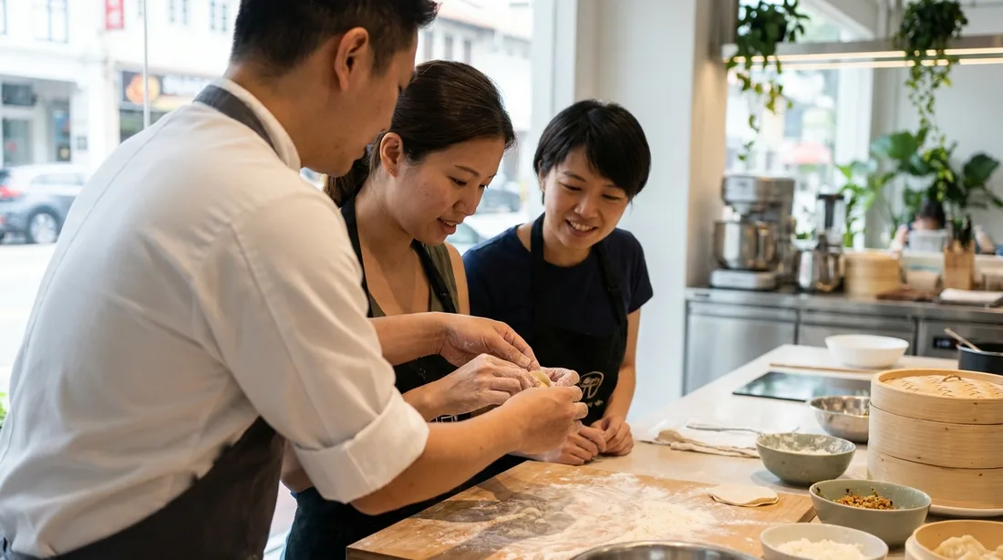 A chef instructor guiding a participant's hands during a private chef class in Singapore
