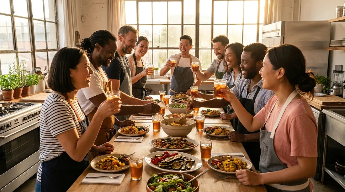 A private group of friends sharing the dishes they cooked at a long table in a Singapore cooking studio