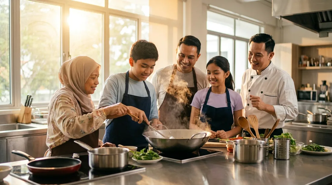 Three generations of a family cooking together at a private halal cooking class in Singapore