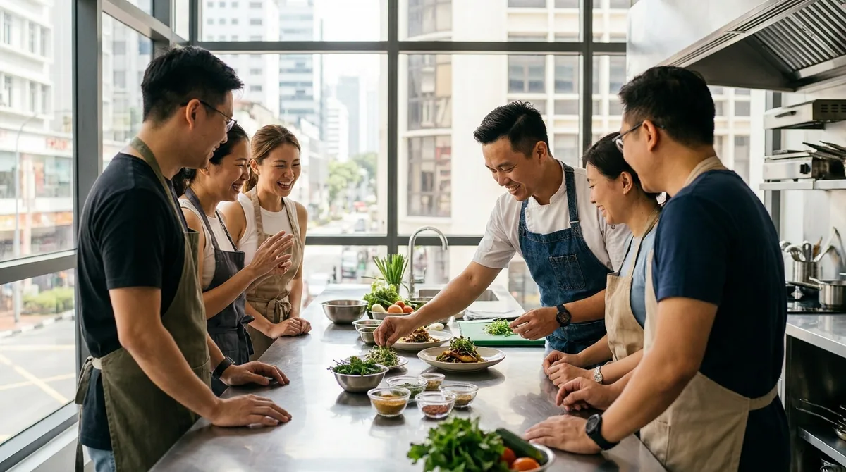 A chef leading a private cooking class for a small group of friends in a Singapore studio kitchen