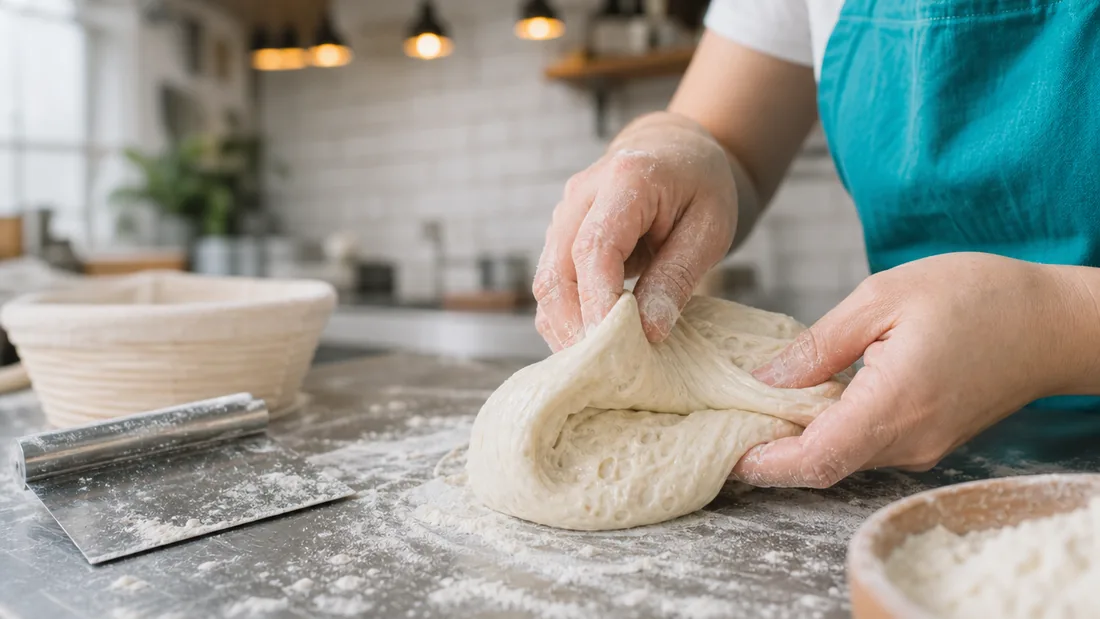 Hands folding and shaping sourdough dough on a floured counter at a Singapore baking class