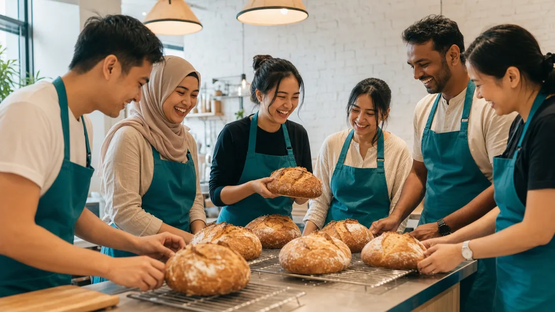 A team laughing together while their freshly baked bread cools at a corporate baking session in Singapore