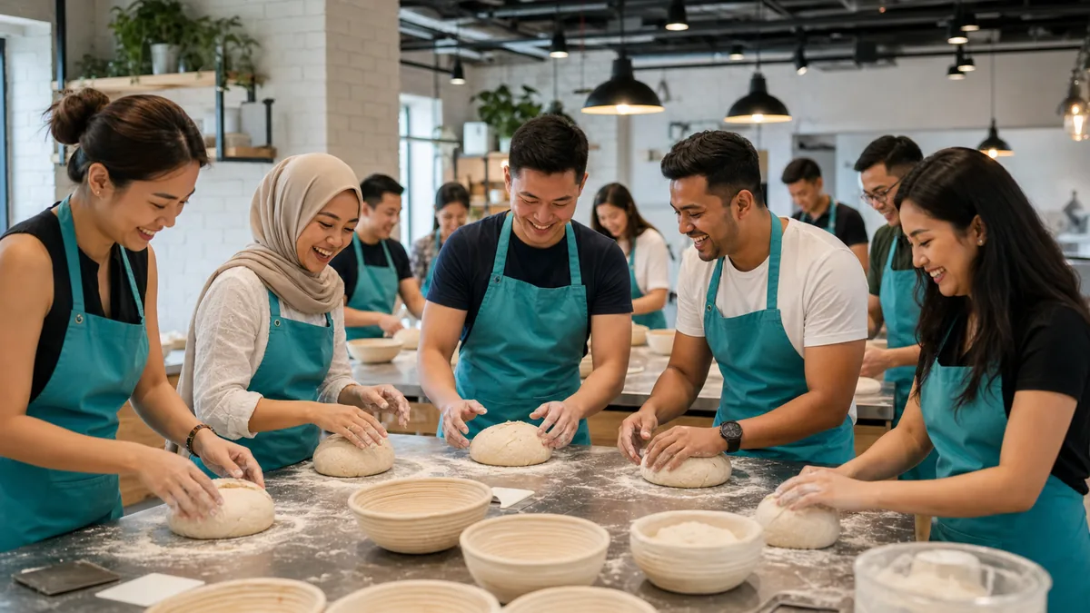 Participants shaping sourdough loaves at a bread making class in a bright Singapore studio
