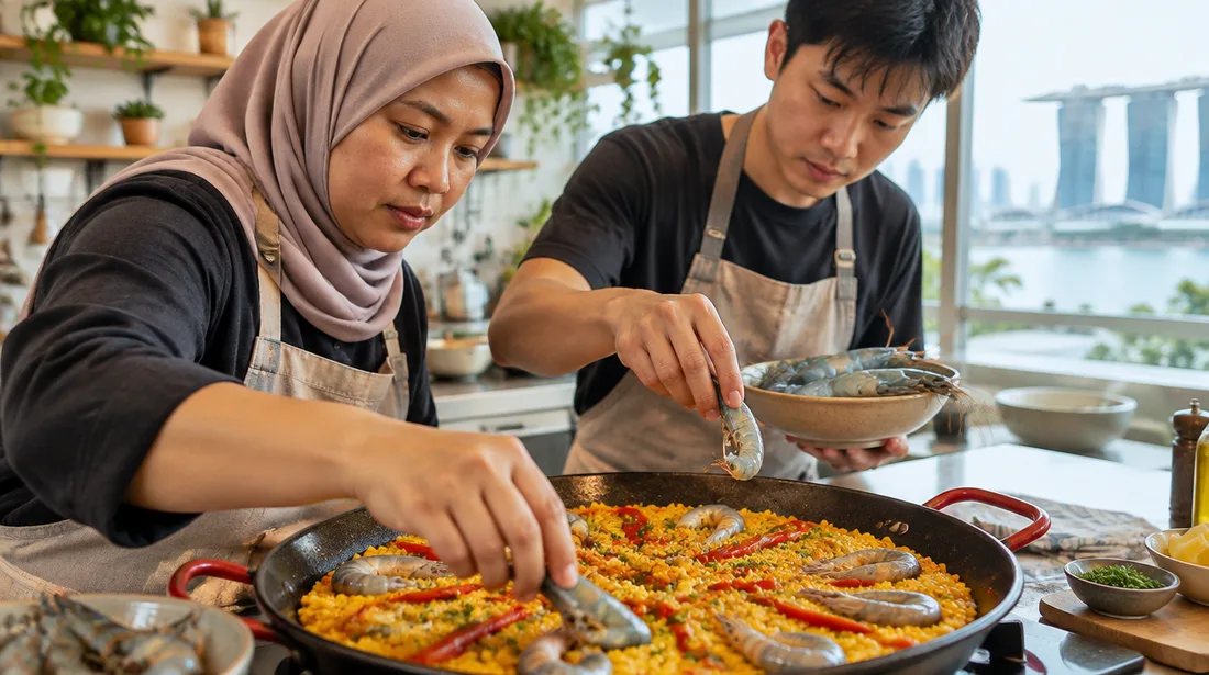 Colleagues adding prawns to a paella pan during a paella cooking class in Singapore