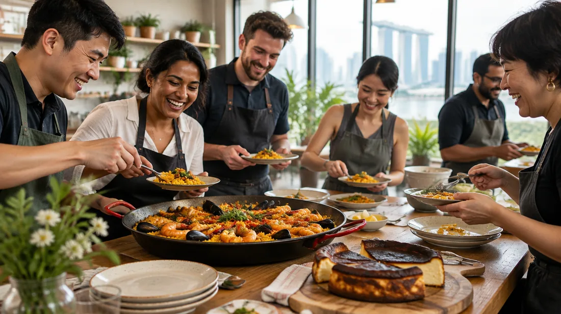 A team plating paella and cheesecake at the end of a Spanish cooking class