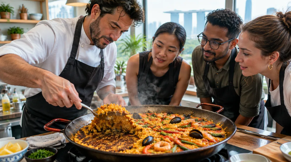 Chef demonstrating how to check the socarrat on the base of a paella pan