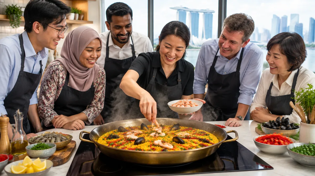 A team gathered around a wide paella pan during a Spanish cooking class in Singapore