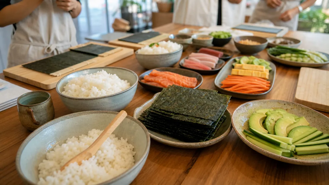 Bowls of seasoned sushi rice, nori sheets, and fresh fillings laid out for a sushi making class in a Singapore studio