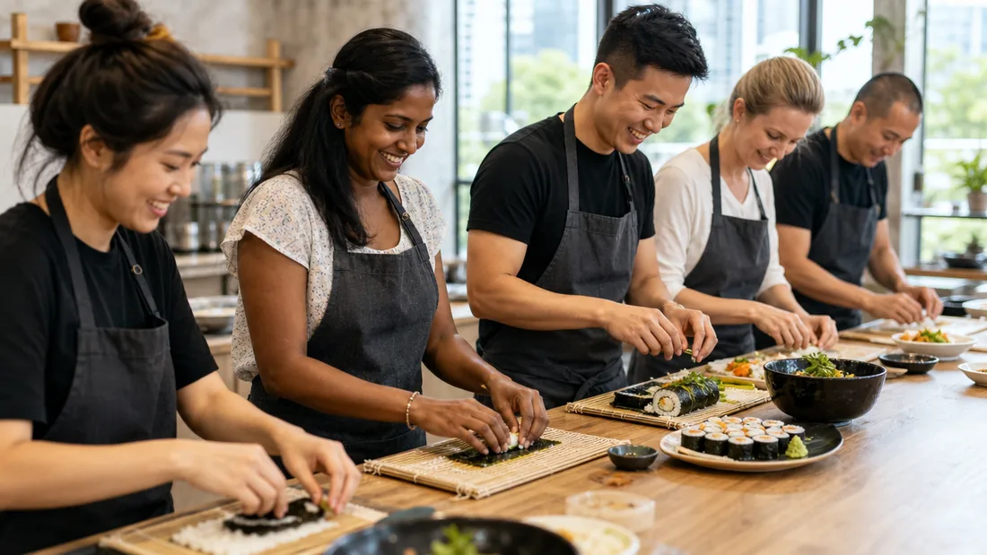 A team rolling maki side by side and plating their sushi at a bright Singapore studio