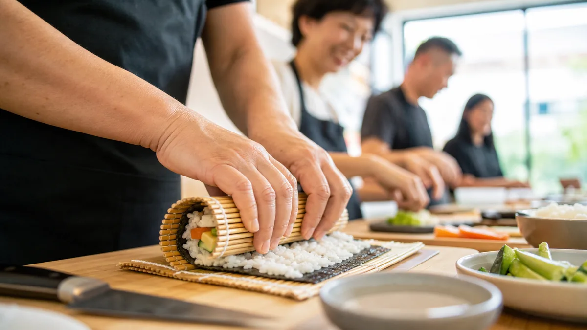 Hands rolling a maki roll on a bamboo mat at a bright Singapore sushi making class