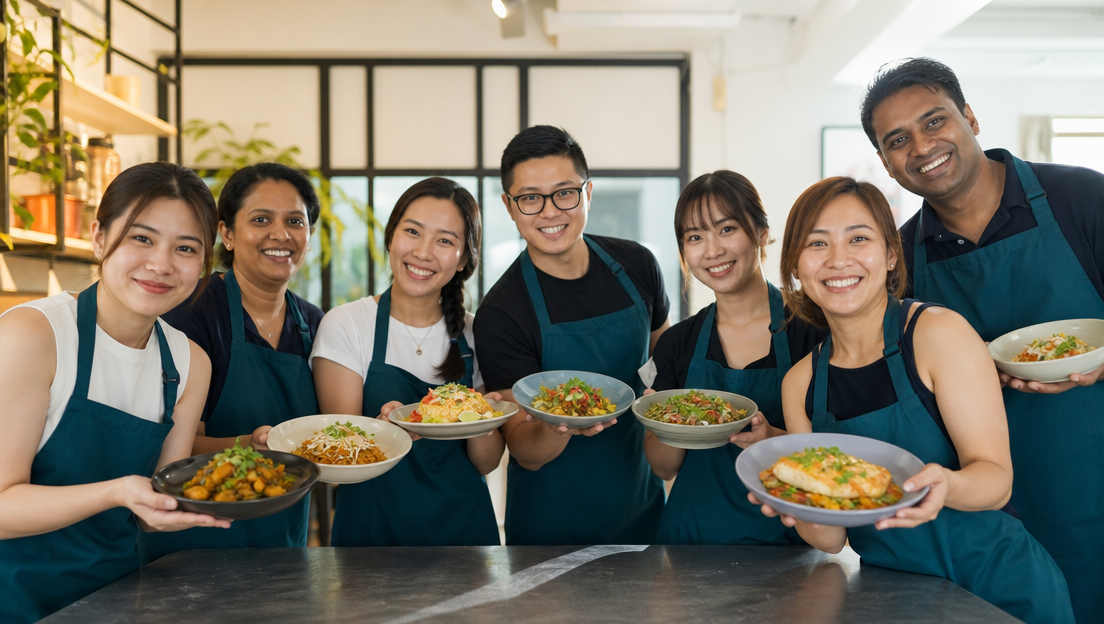 A team plating and presenting the dishes they cooked during a team bonding session in Singapore
