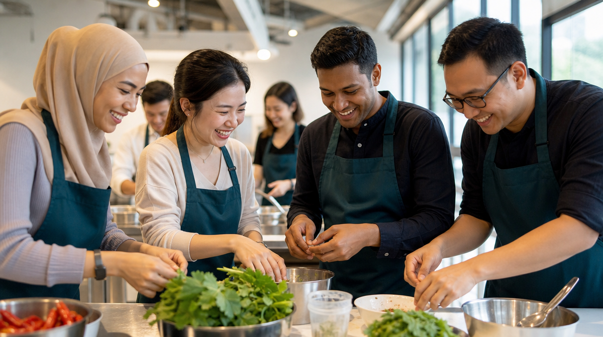 A corporate team in aprons laughing while cooking together at a team bonding activity in Singapore