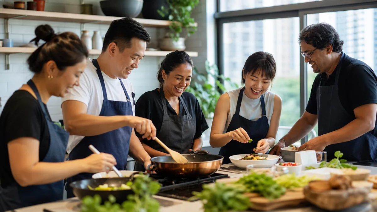 Office colleagues in aprons cooking and laughing together at a team bonding session in Singapore