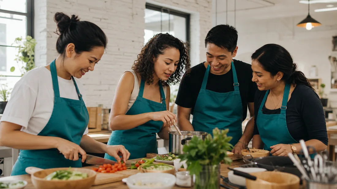 A small team working hands-on together at a cooking station in a bright Singapore studio