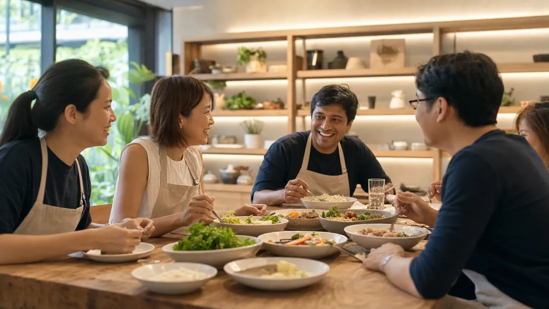 A small team sitting down to enjoy the meal they cooked together at a Singapore studio