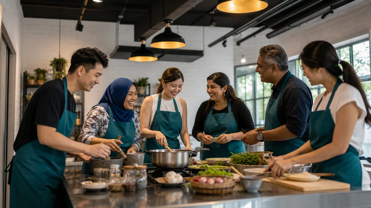 A small team cooking and laughing together around a kitchen island at a Singapore studio