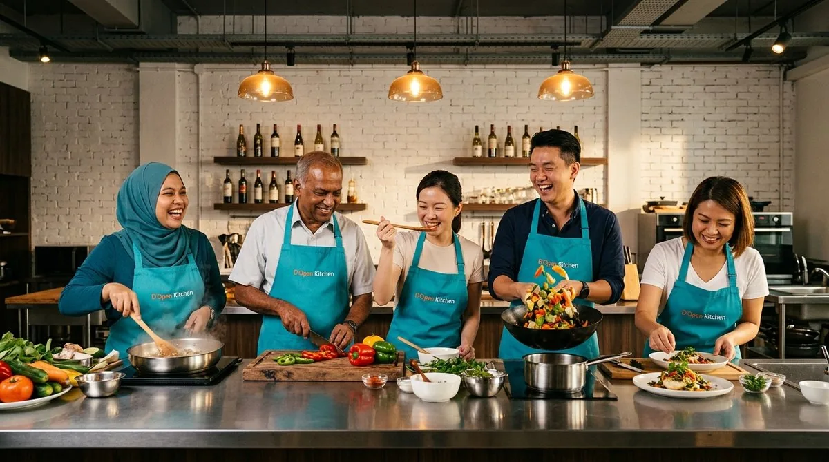A corporate team cooking together at a D'Open Kitchen team building event in Singapore