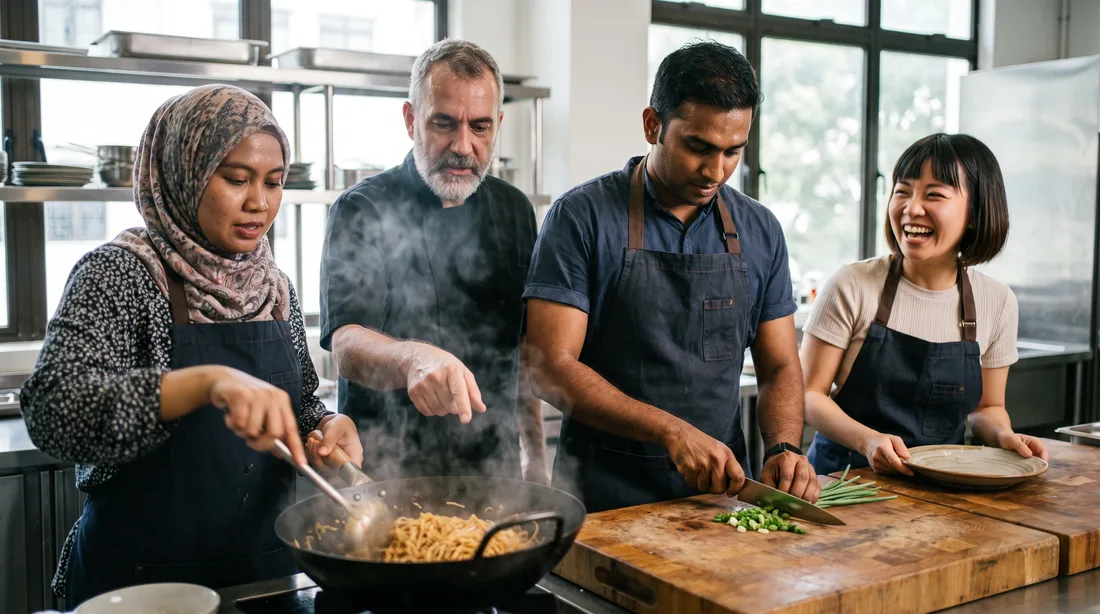Colleagues cooking noodles together at a station during a team dinner in Singapore