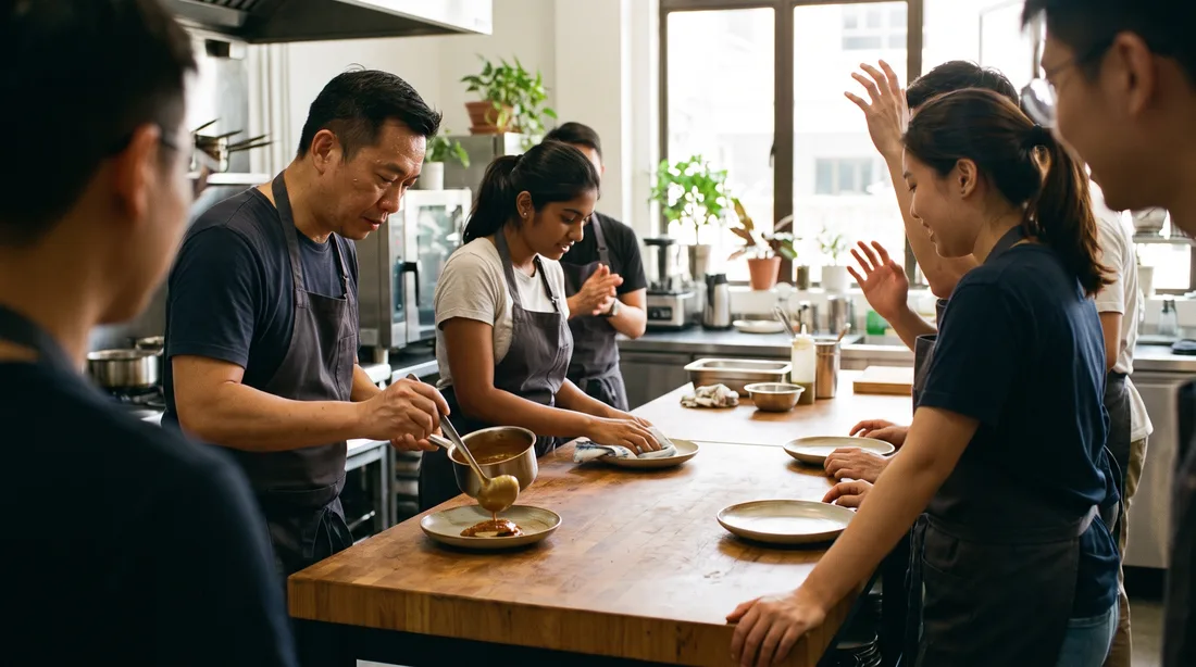 Two teams plating their dishes side by side during a company dinner cook-off