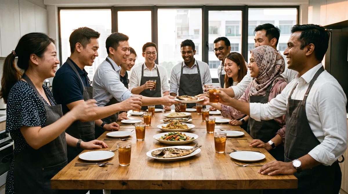 Colleagues sharing a team dinner they cooked together in a Singapore studio kitchen