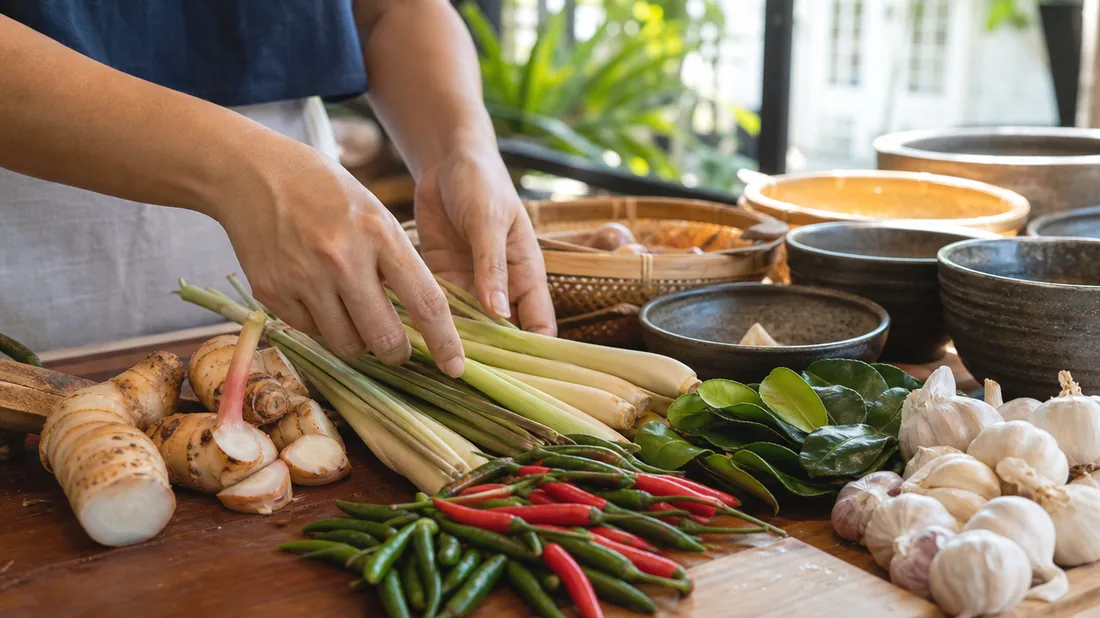 Fresh lemongrass, galangal, chilli, and kaffir lime prepared for a Thai cooking class in a Singapore studio