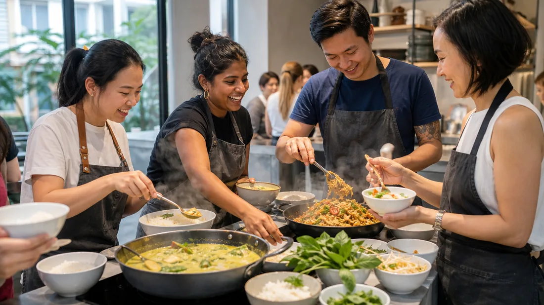 A team plating fresh Thai green curry and stir-fried noodles together at a bright Singapore cooking studio