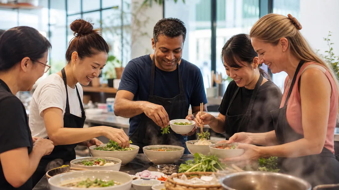 A team assembling fresh Vietnamese noodle bowls and pho together at a bright Singapore cooking studio