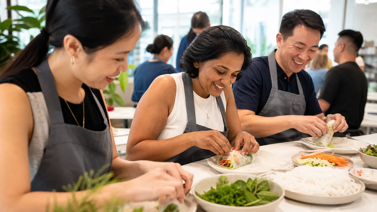 Hands rolling fresh Vietnamese spring rolls with herbs and rice paper at a bright Singapore cooking studio