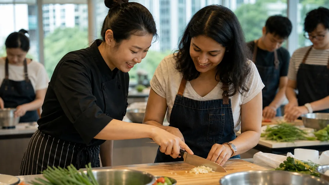 A first-timer being shown a knife technique by an instructor at a bright Singapore cooking class